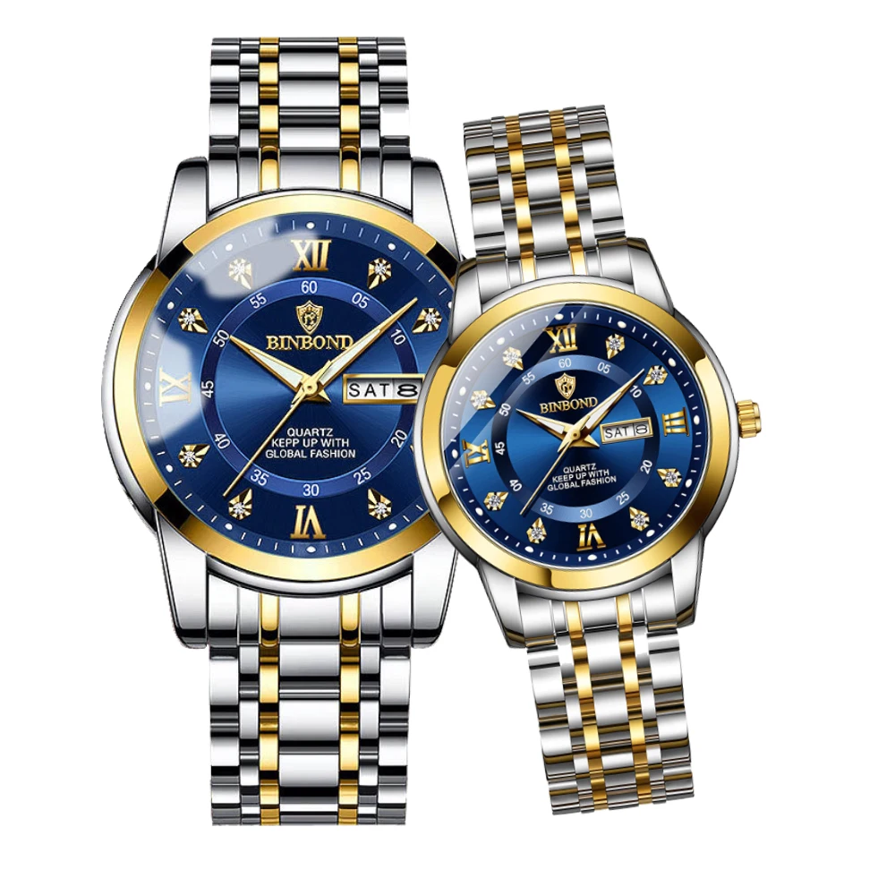 BINBOND Couple Watches 7169 2pcs Luxury Fashion Original Quartz Watch for Lover Dual Calendar Double Scale Waterproof Luminous