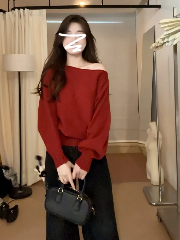 2025 Neuer roter gestrickter One-Shoulder-Pullover für Damen, reine Farbe, einzigartig, Herbst-Winter, Faion Sweet Sle Loose Fit Long Sve