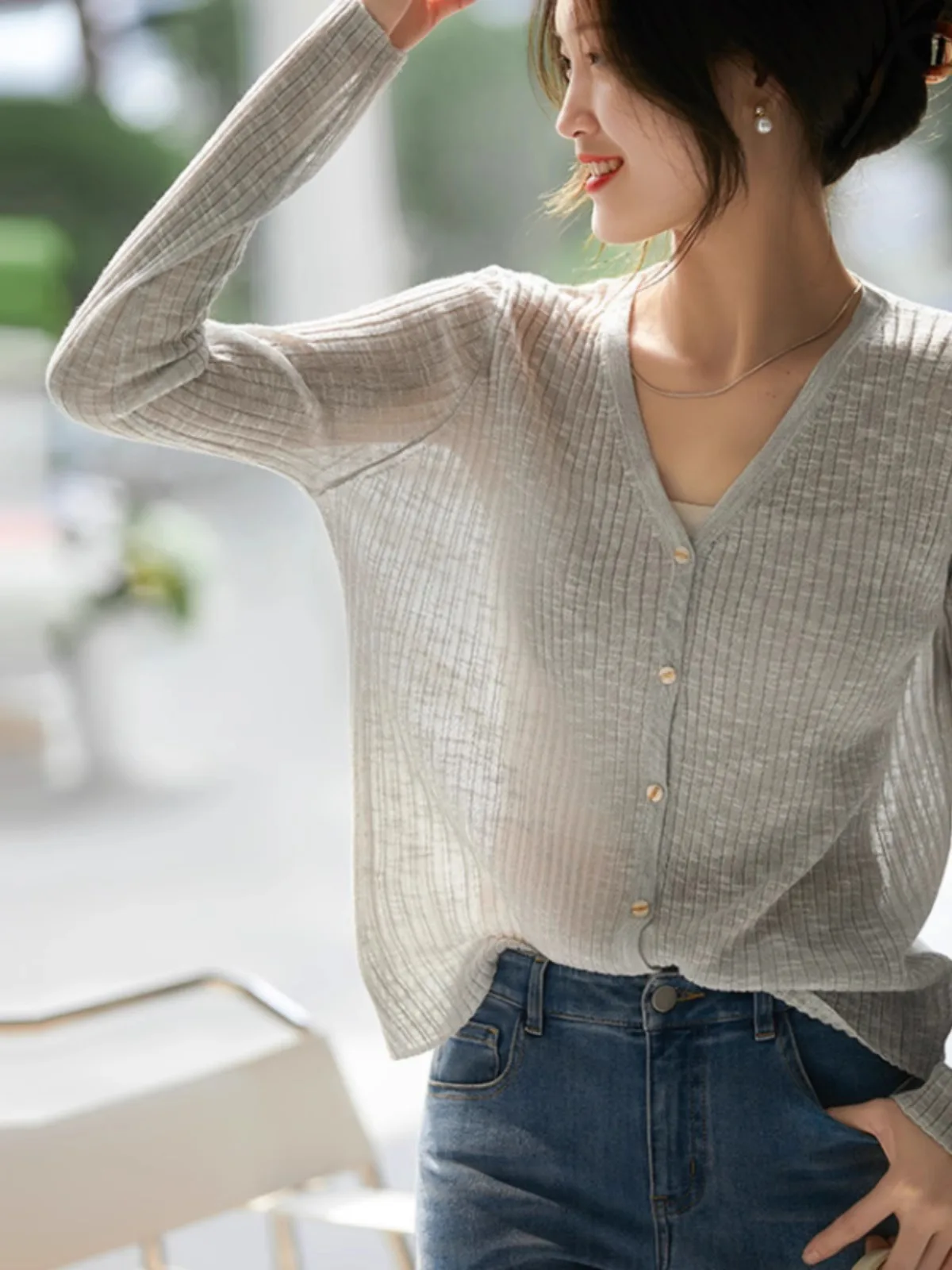 Temperament ice silk cardigan sun protection knit blouse women long sleeve summer thin with skirt with short top