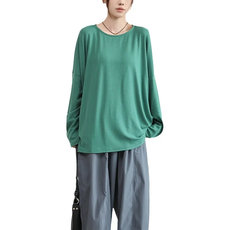 Japanese and Korean early autumn new women's T-shirt loose solid color round neck off-shoulder lazy casual long-sleeved top