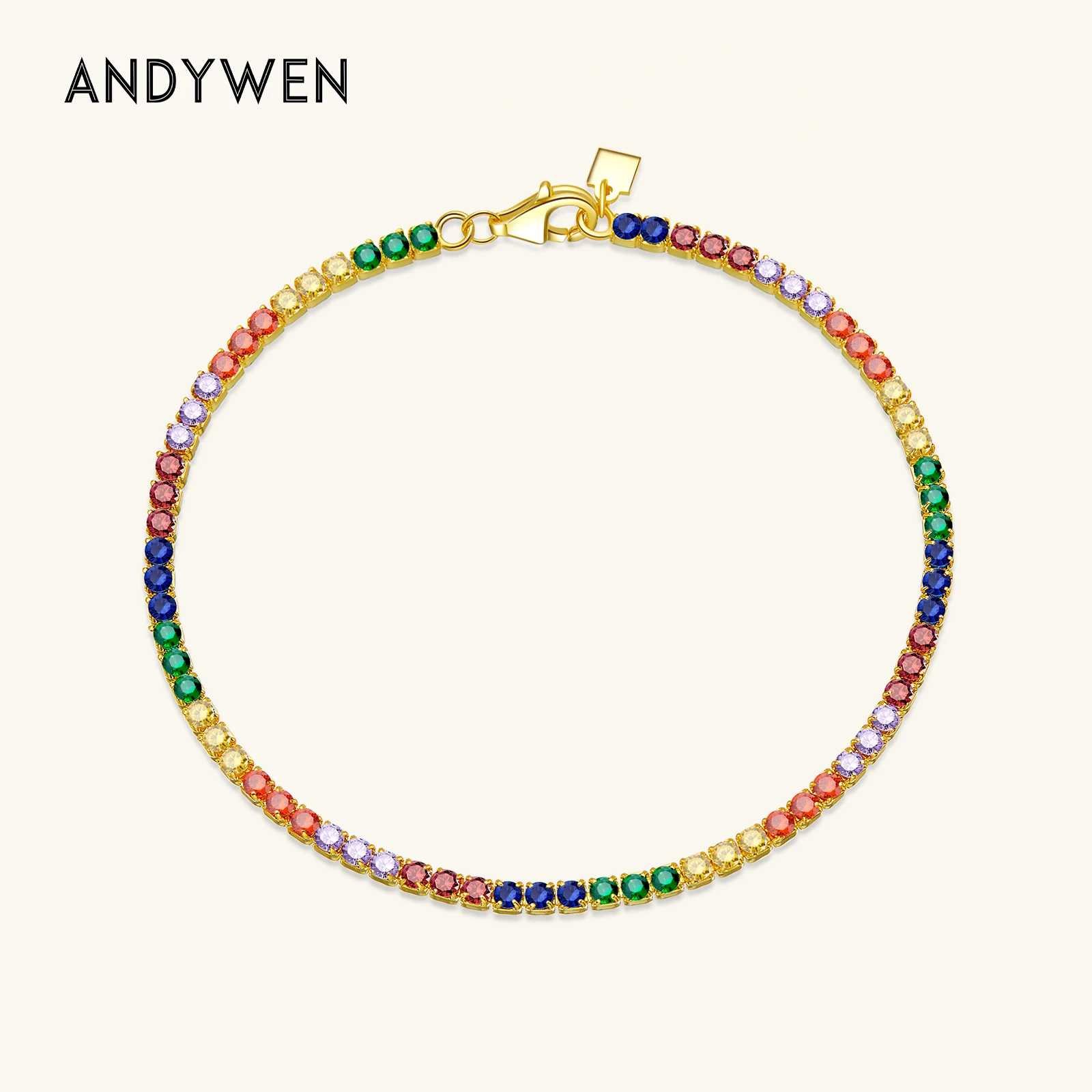 

Женский браслет для тенниса ANDYWEN, браслет из серебра 925 пробы с радужным кубическим цирконием 2 мм, золотистого цвета в стиле рок/панк, ювелирные украшения для свадьбы, 2022