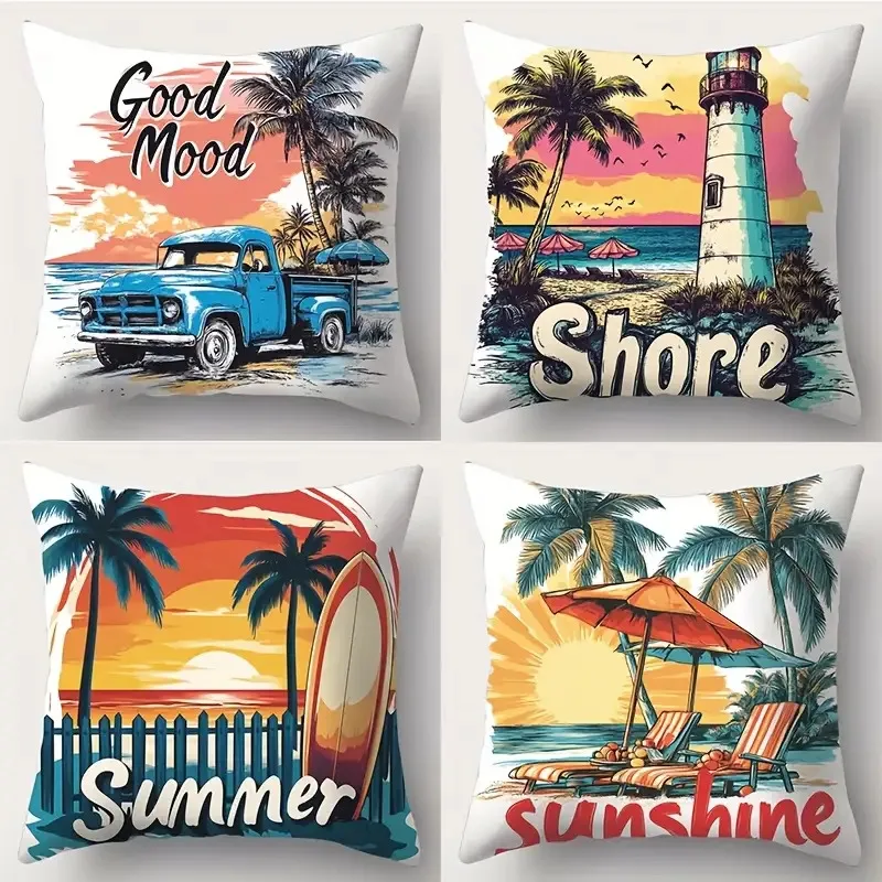 Sunny Vacation Pillow Covers, Retro Palm Tree Beach Sunshine Art Throw Pillow Cases, Coastal Home Decor Cushion Covers 4pcs