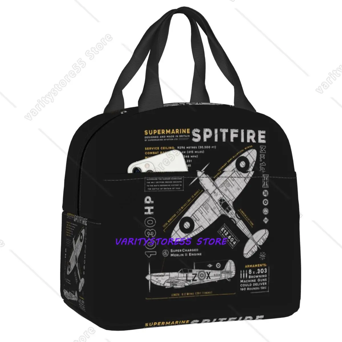 Custom Supermarine Spitfire Insulated Lunch Tote Bag Fighter Pilot Aircraft Airplane Plane Portable Cooler Thermal Bento Box