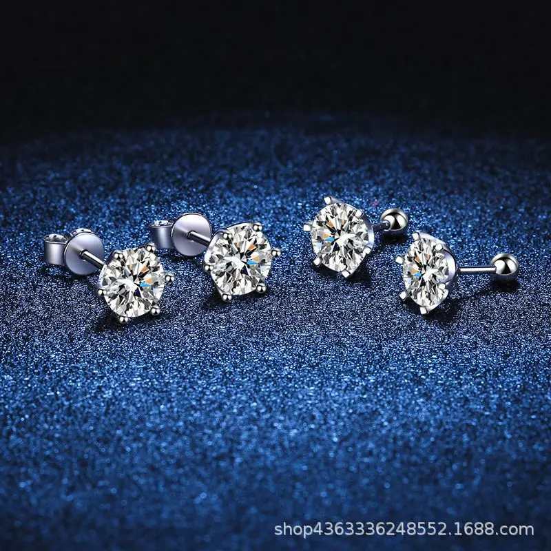 Platinum PT950 18K Gold Six Claw Threaded Earrings 0.2 0.3 Carats One or Two Carats D Color Moissanite Light Luxury Accessory