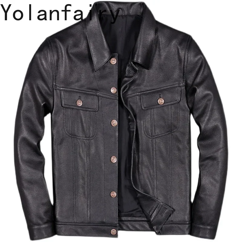 YOLANFAIRY Top Layer Cowhide Men's Jacket Cow Leather Jacket Men Spring Autumn Casual Fashion Denim Men's Coat Chaquetas Hombre