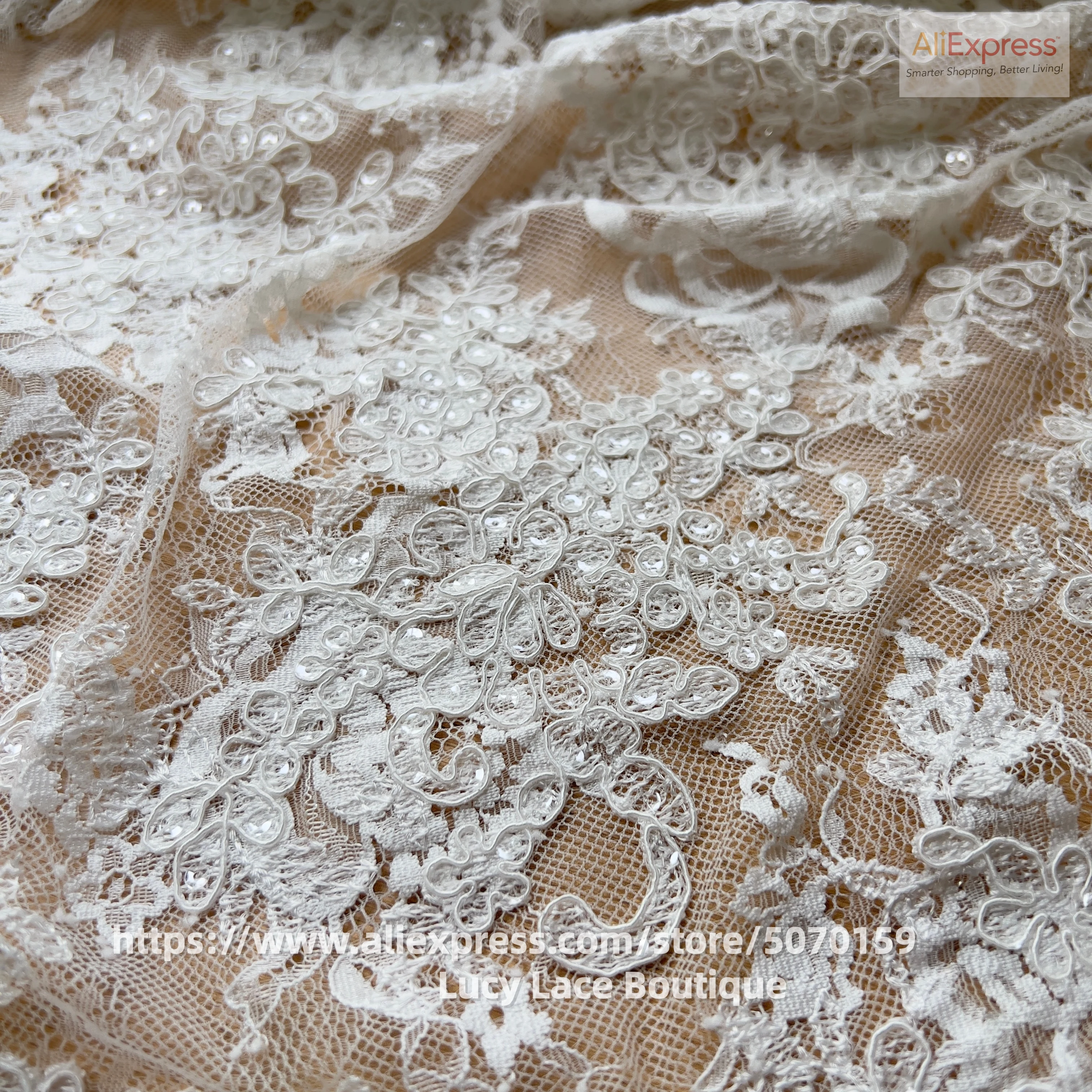 130CM Wide Super Luxury Chic Fabrics Wholesale Off White Bride Embroidered Fabric Strong Cording French Lace Cord Lace Sequins