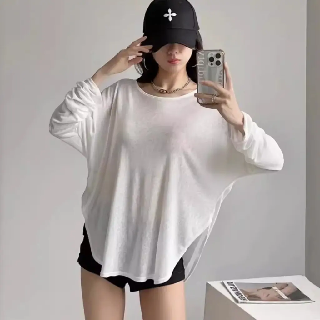 

Women's Long-Sleeved Jazz Dance Blouse Slimming Loose Fit T-Shirt Back Hollow-Out Design Sun Protection Inner Top