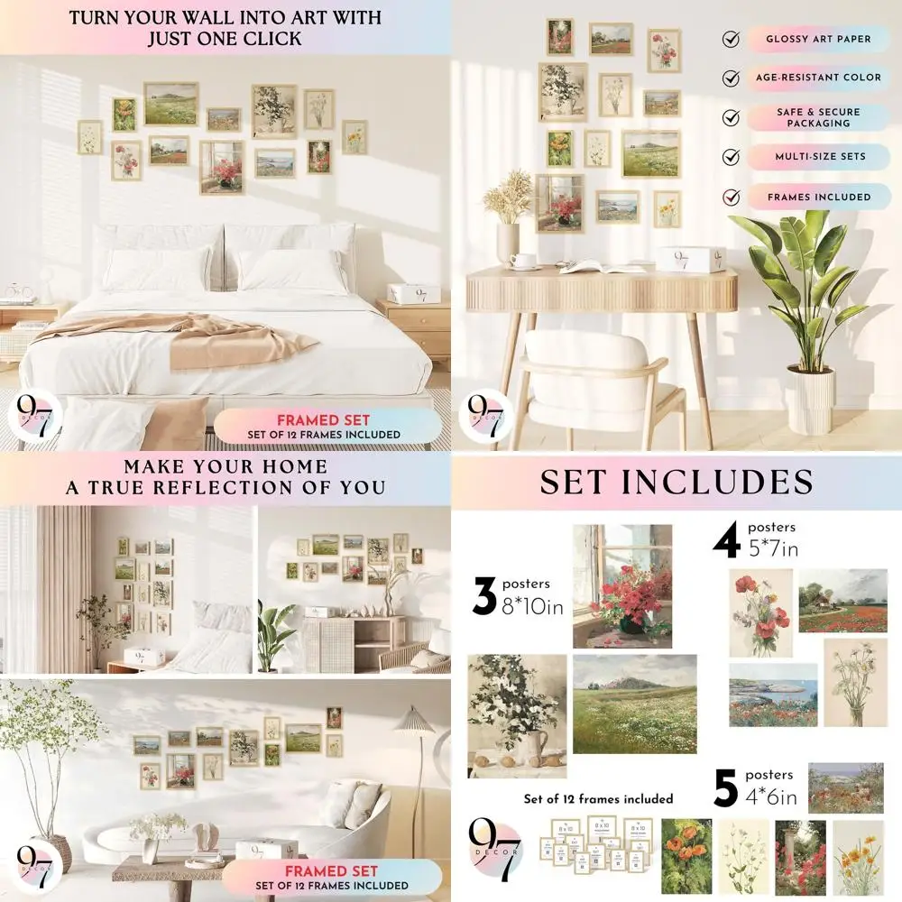Vintage Framed Wall Art - Elegant Vintage Prints, Landscape & Botanical Art for Home Decor (Beige Frame)