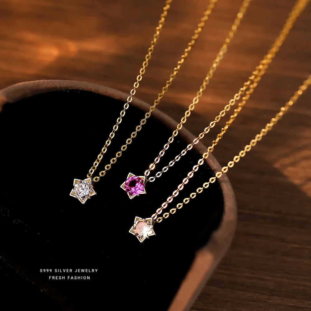 

Korean S999 Fine Silver Niche Necklace, Zircon Five-Point Star, Fall Winter Temperament Fashion Collarbone Chain for Women