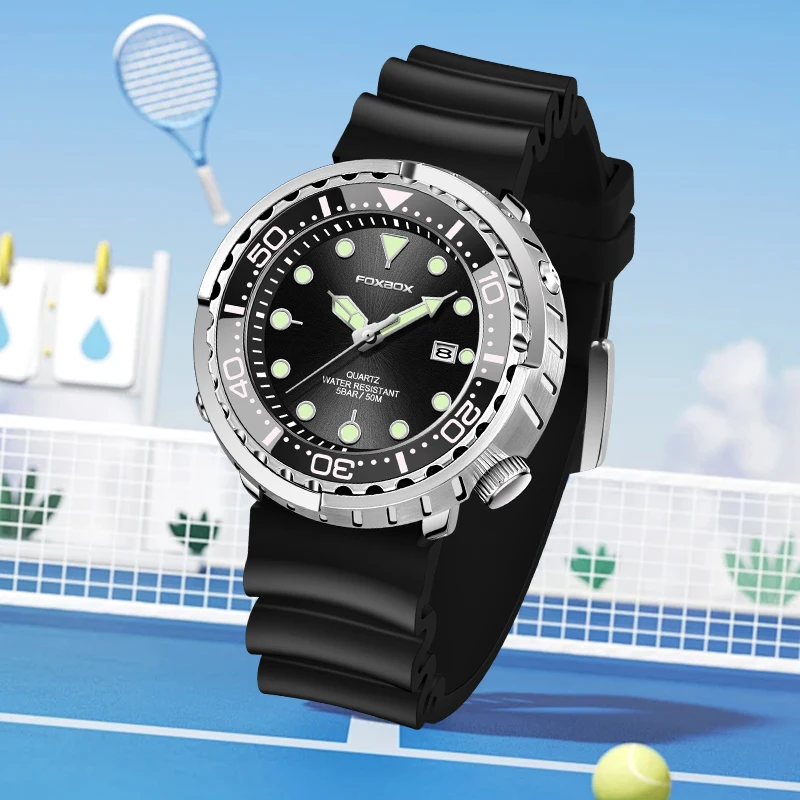 FOXBOX Outdoor Casual Man Watch Fashion Sport Silicone Belt Clock Waterproof Luminous Rotating Bezel Date Quartz Watches for Men