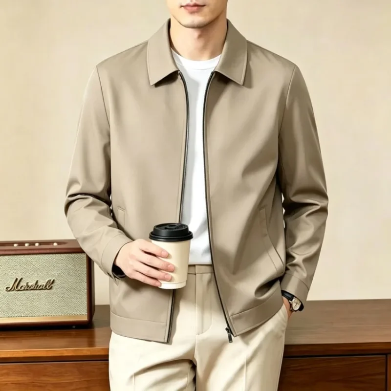 Herrenjacke mit Umlegekragen im Old-Money-Stil, einfarbig, lässige Oberbekleidung, Herbst 2026, neue Reißverschlussjacke – Detail 2