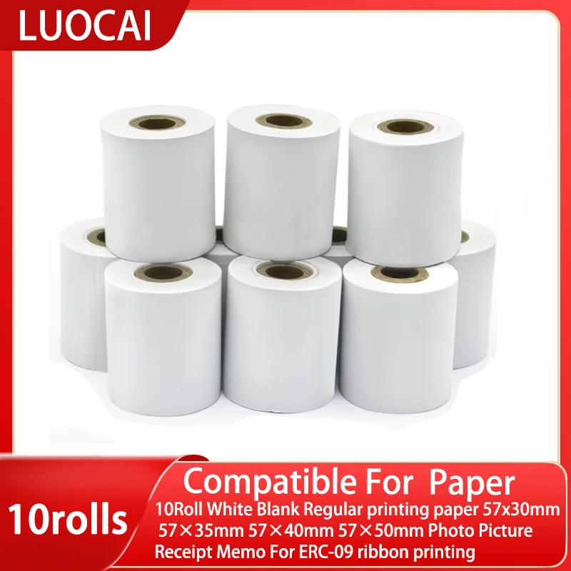 

10Roll White Blank Regular printing paper 57x30mm 57×35mm 57×40mm 57×50mm Photo Picture Receipt Memo For ERC-09 ribbon printing