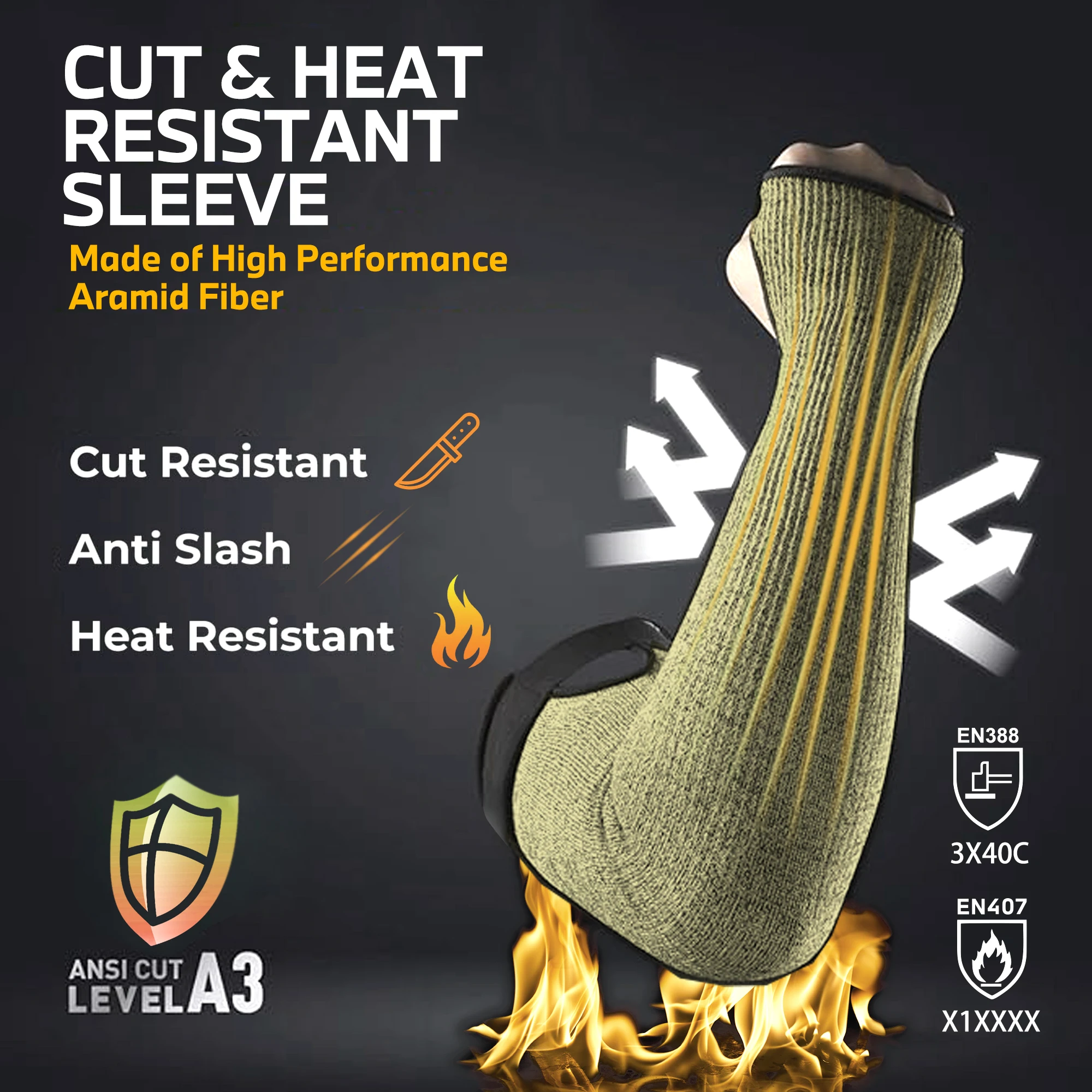 1 pair,anti-cut and flame-proof Kevlar Sleeves with Thumb Hole and adjustable hook and loop, protective arm made with aramid