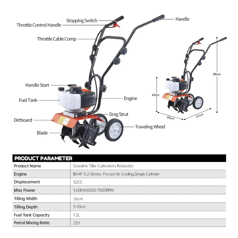 Hantechn 52CC  Tiller Cultivators Rotavator Power 2 Stroke Agriculture Machine Farming Mini Rotary Tiller