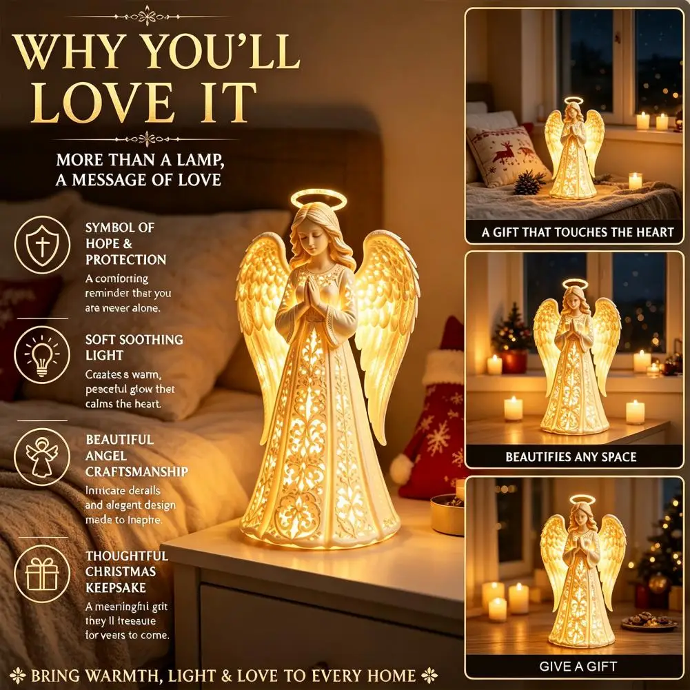 Praying Angel Night Light, Resin Decorative Figurine with Warm LED Lights for Home Decor, Tabletop Ornament for Christmas