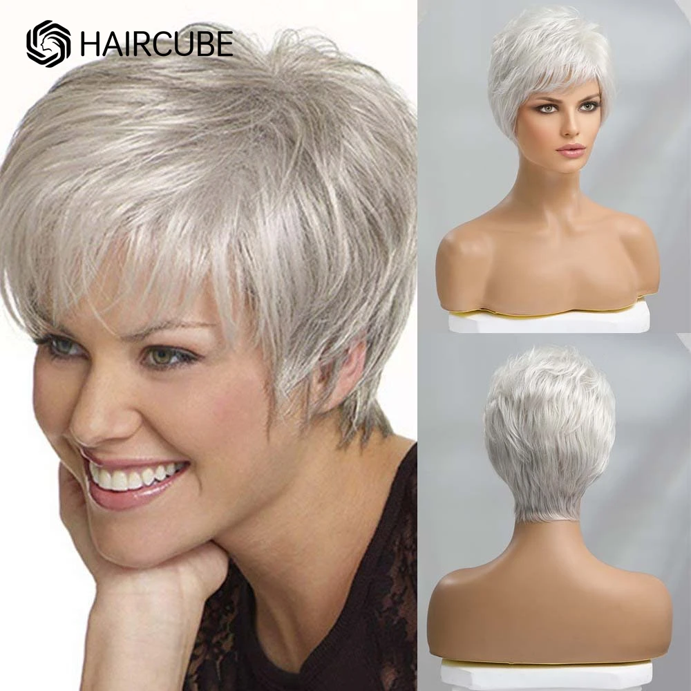 HAIRCUBE Silber Grau Gemischt Menschenhaar Mischung Synthetische Perücke Kurze Pixie Cut Puffy Perücke mit Pony Hitze Beständig Perücken für frauen