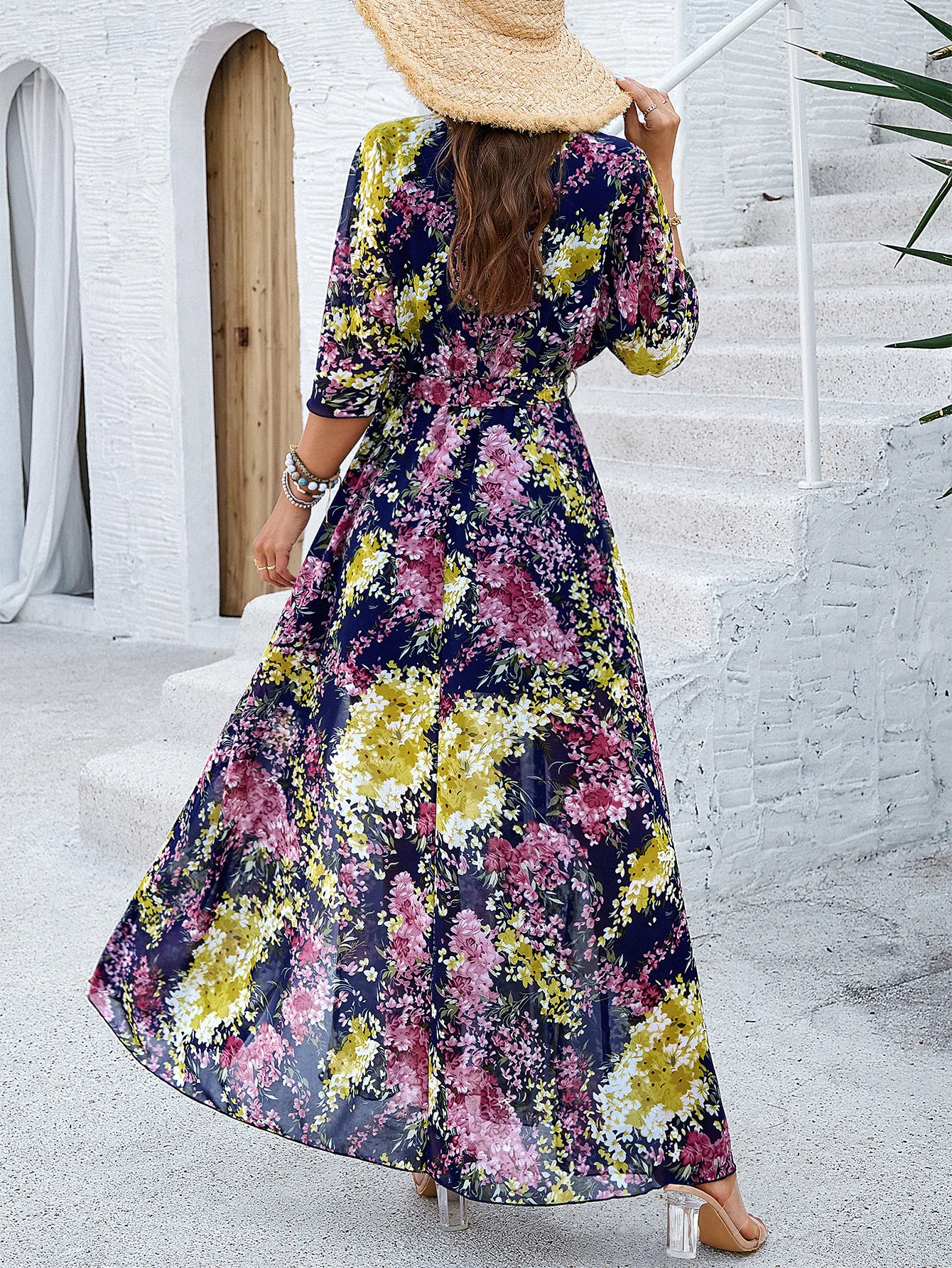 

2025 Women's Fashion Spring and Summer Fashionable Temperament European and American Elegant Vacation Print Tie Long Skirt Dress