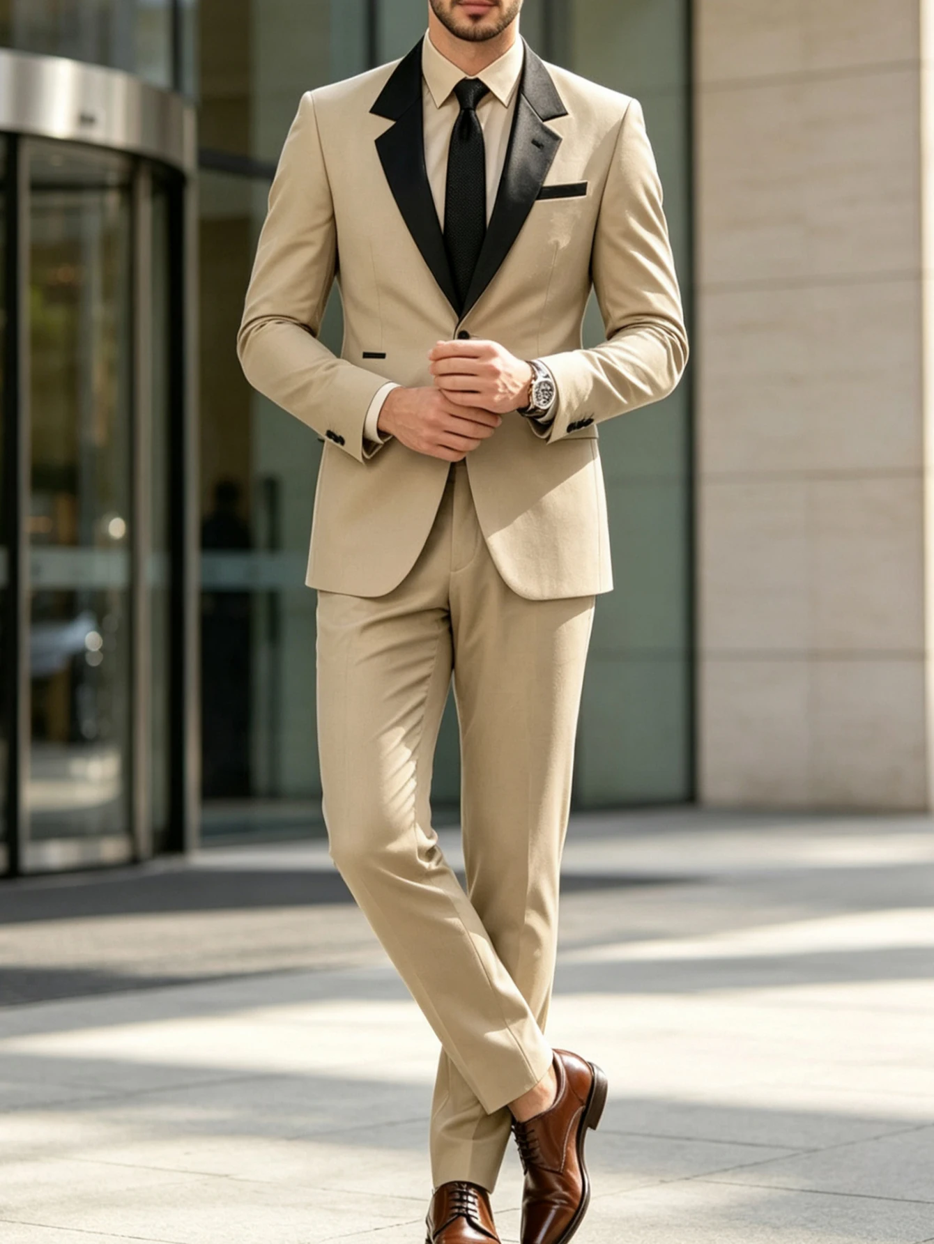 Men Khaki Suit 2 Pieces Set Black Contrast Lapel Blazer & Trousers, Slim Fit Wedding Formal Business Suit Wedding & Ceremony