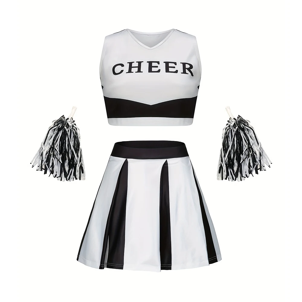 Kids Girls Cheerleading Dance Costume Sleeveless V Neckline Letters Printed Flower Balls Uniform Stand Collar Cheerleader Outfit