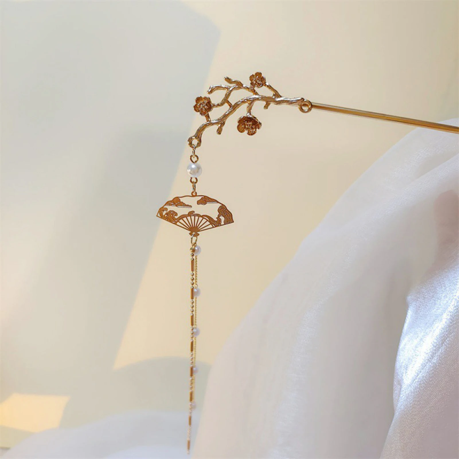 الرجعية زهرة شرابة دبوس الشعر للنساء أنيقة زهر الخوخ للطي مروحة قلادة الشعر عصا النمط الصيني الفتيات إكسسوارات الشعر #6