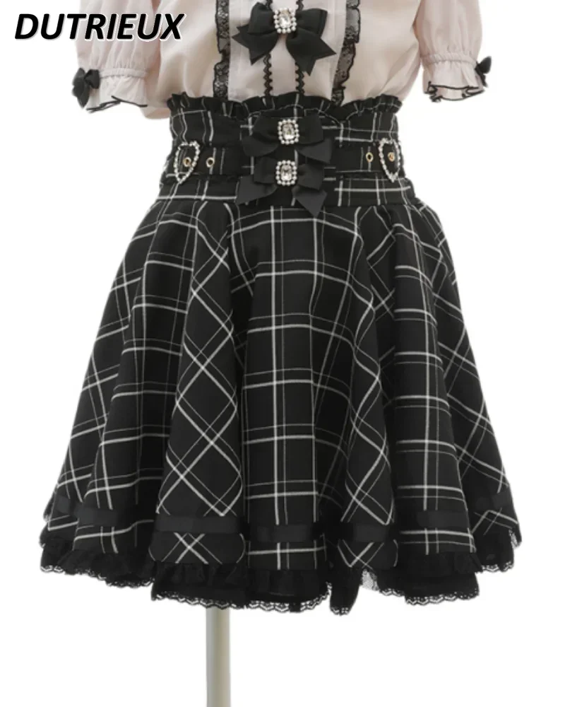 

Japanese Mine Black Skirt for Women Faldas Sweet Lolita Tops Spring Autumn Ribbon Bow Diamond Pearl Buckle Plaid Skirts Suit