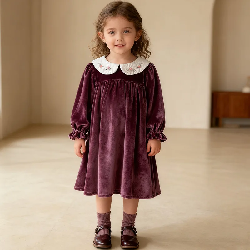 

Korean Children's Clothing Girls' Autumn Festival Style Retro Elegant Embroidered Collar Long Sleeve Fashionable Velvet Dress Pr