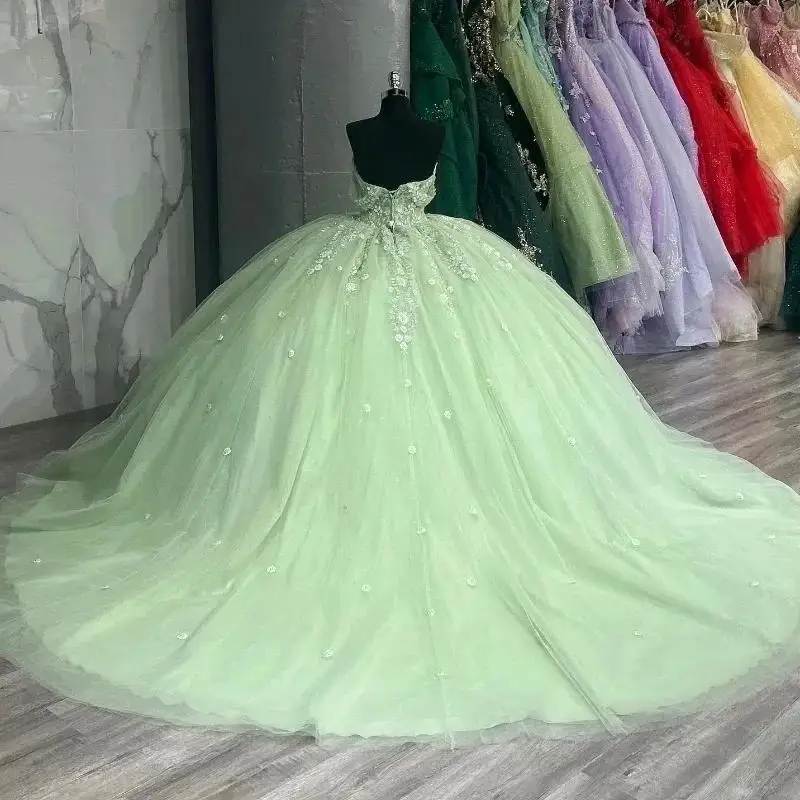 Customized Gliitering Shiny  Green Quinceanera Dresses Luxury Flower Lace Beading Birthday Party Ball Gown Vestidos De 15 Anos