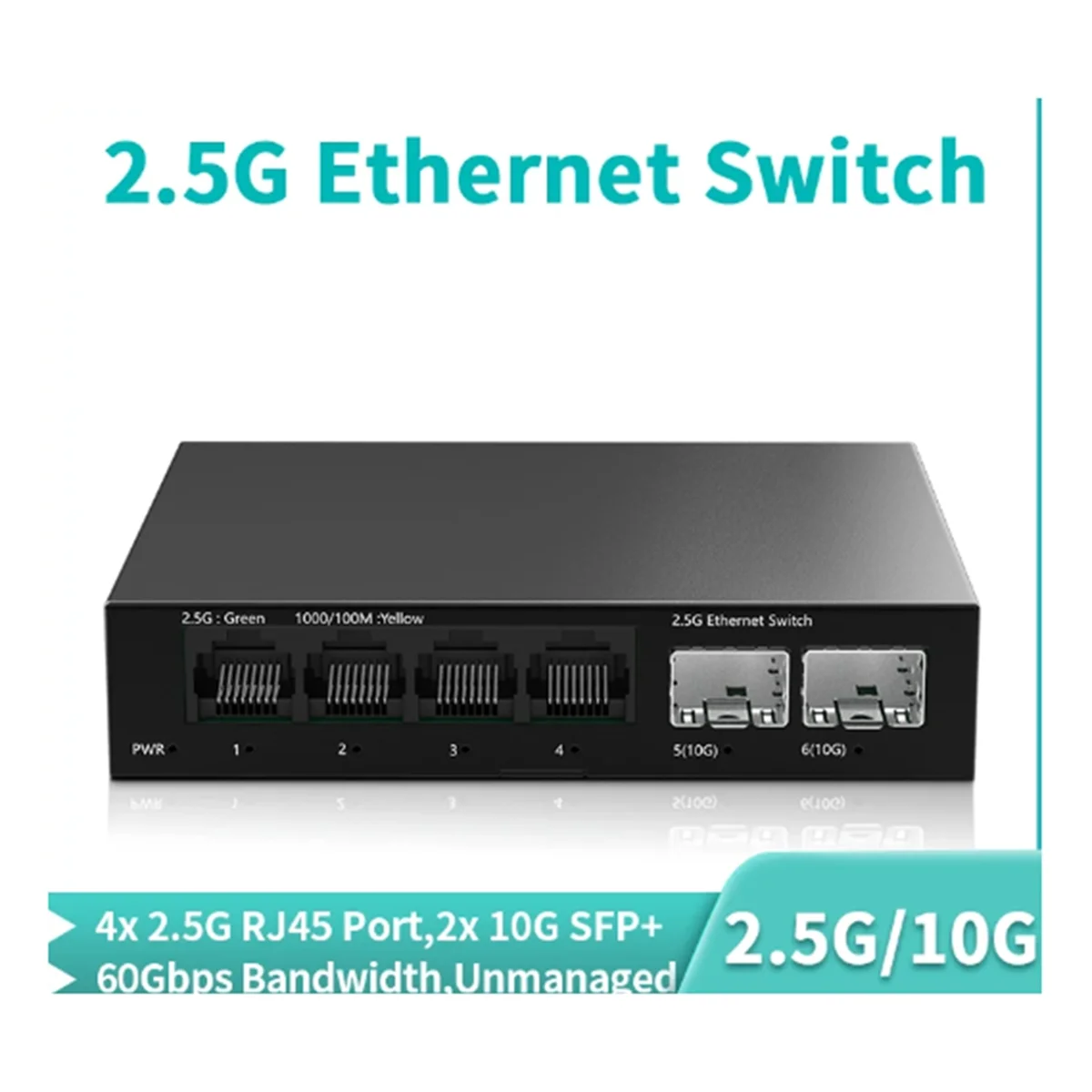 2.5Gb Switch 4 Port 2.5G Unmanaged Network Switch with 2 Port 10GbE SFP+ Slot Home Setup Ethernet Switch Plug EU PLUG