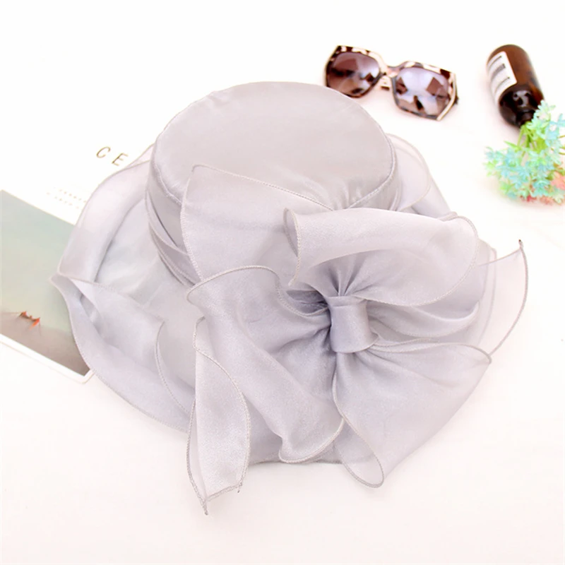 Summer Fashion Organza Lady Wide Brim Sun Hat For Women Elegant Wedding Tea Party Flower Hat Travel Beach Cap