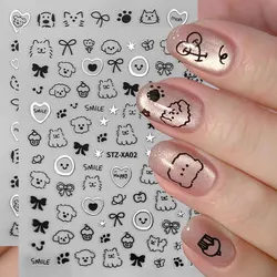 2pcs 3D Cute Silver Smile Dog Decals Y2K Cartoon Cat Footprint Nail Stickers Graffiti Star Heart Bowknot Manicure Slider Decor