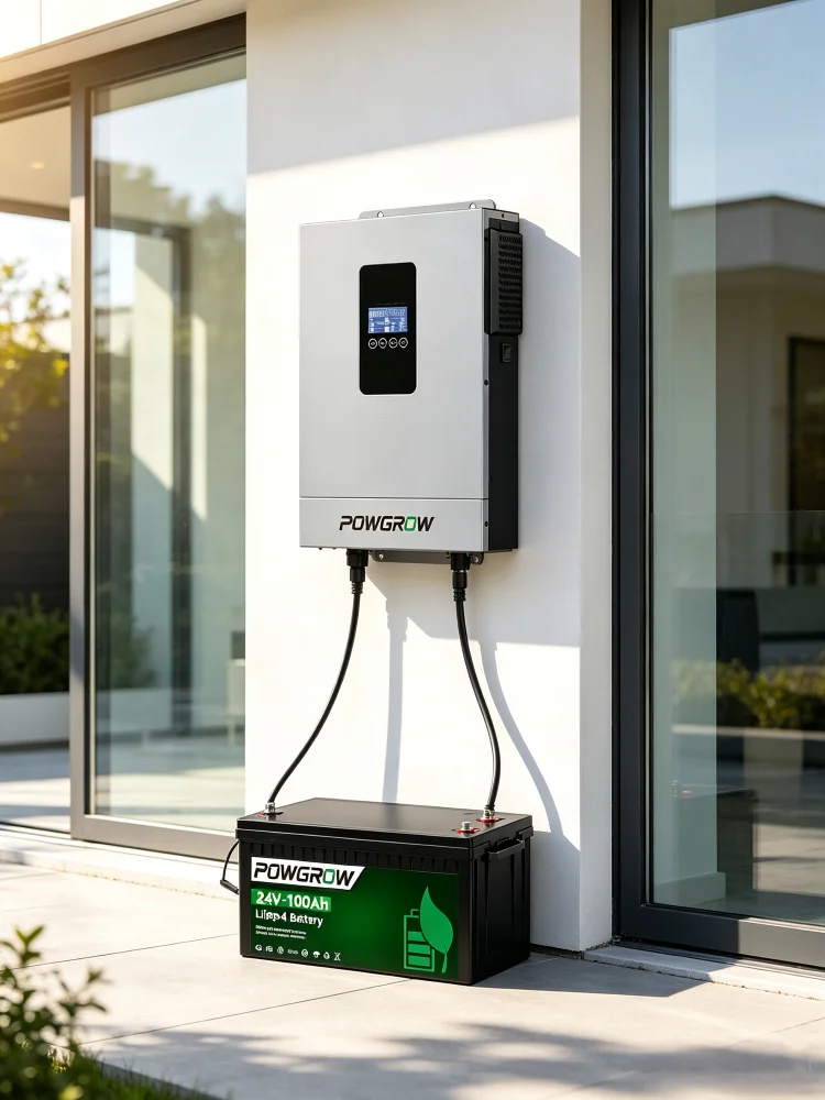 POWGROW 3,6 kW Solar-Hybrid-Wechselrichter 24V DC zu 220V AC 100A MPPT Solarladeregler 24V 100Ah Batterie-Kit Heim-Solarstromanlage
