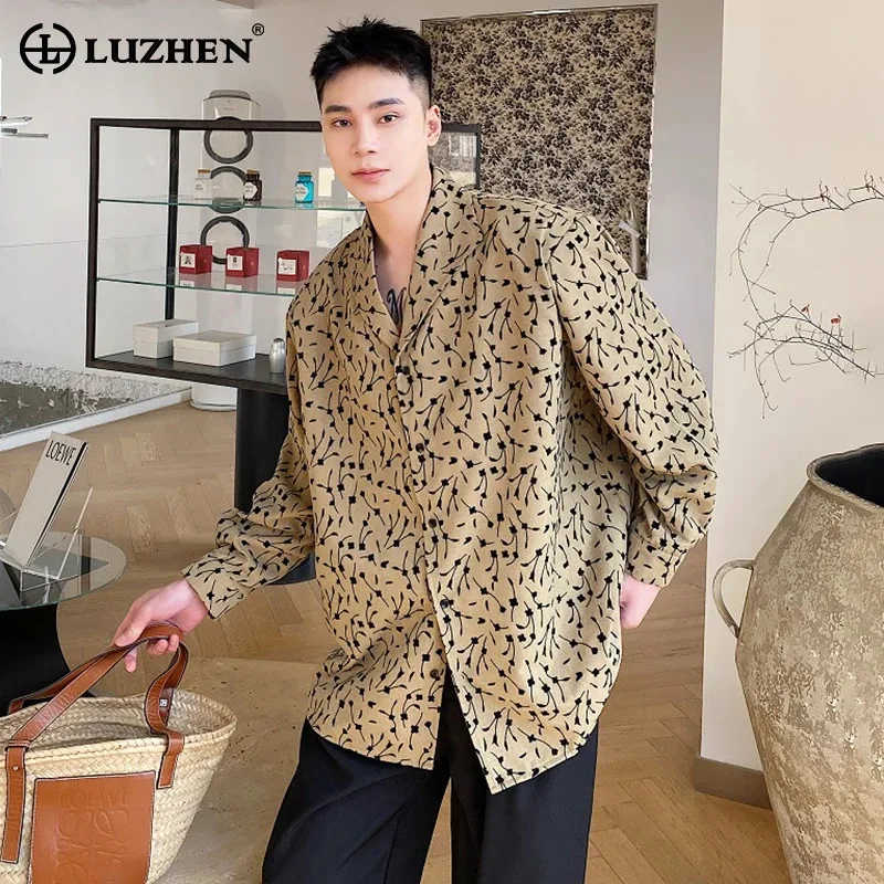 

LUZHEN Personality Velvet Shoulder Pad Long Sleeve Shirt Men's Elegant Trendy Loose Casual Niche Design Tops 2024 Autumn LZ6112