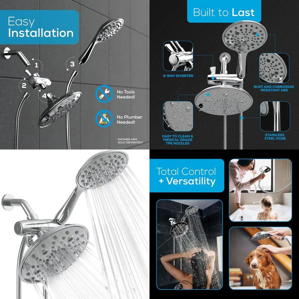 

8-дюймовая 55-функциональная душевая система высокого давления с дождевой душевой насадкой и ручным управлением, двойной режим — простая установка, трехсторонний хромированный набор насадок для душа