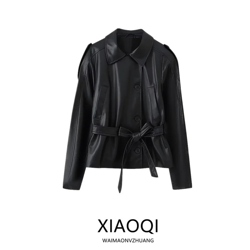 

Осень 2023, новое женское пальто из искусственной кожи Design Sense Long Sve ort, верхняя одежда Jaet Ele Ladylike Sle 4749743