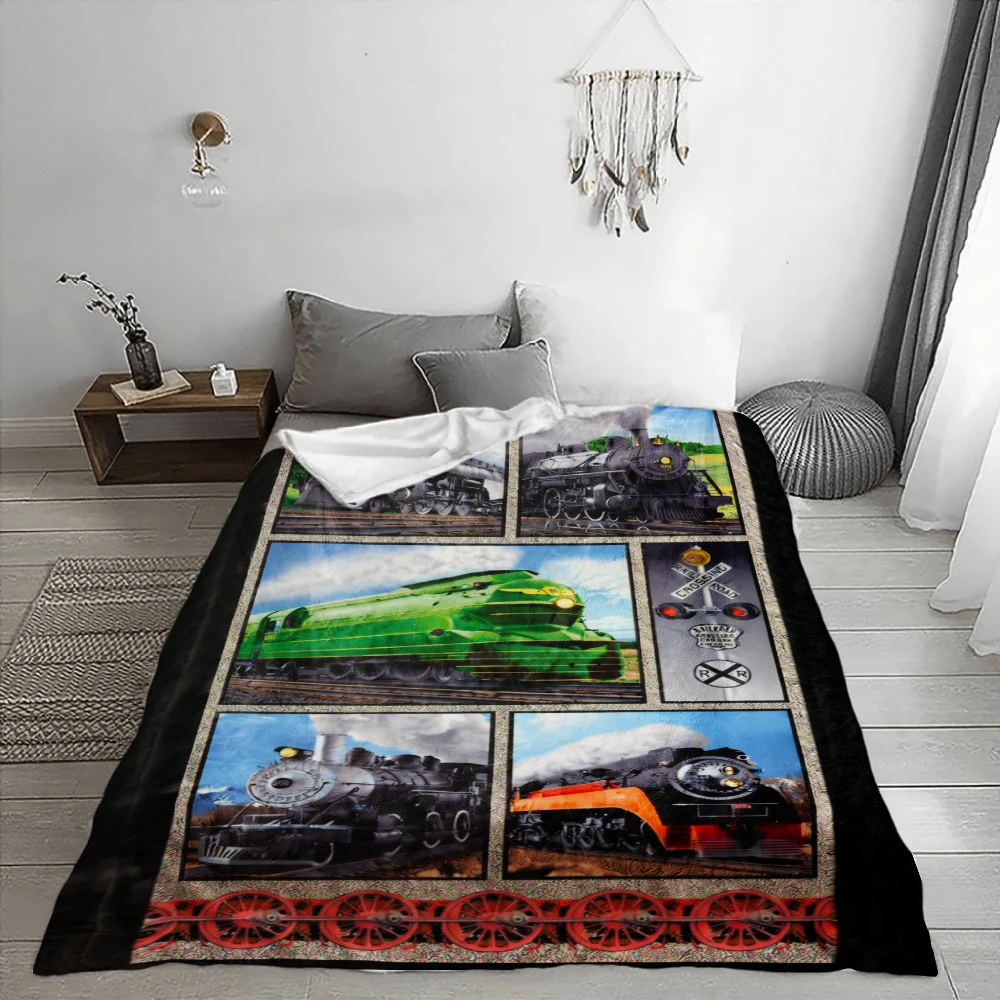 Vintage Train Collage, Railway Enthusiast Gift, Soft Cozy Blanket, Classic Locomotive Print, Multi-Purpose Home Decor, Warm Comf