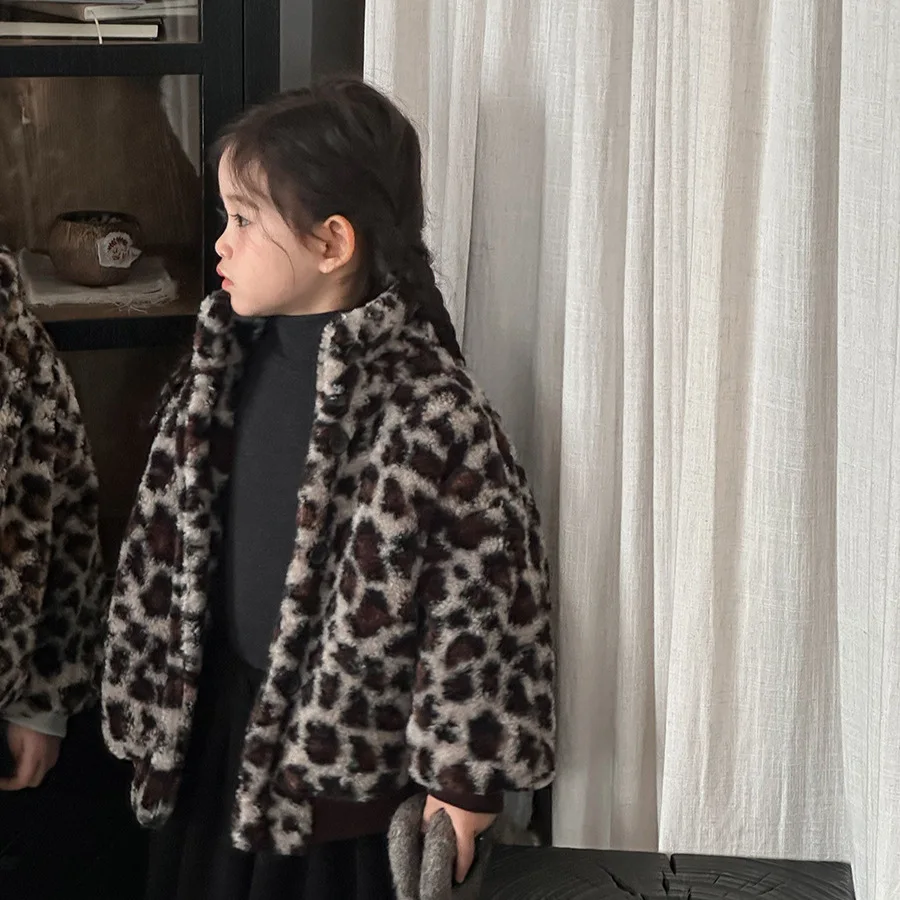 Leopard Woolen Coat For Children Winter Plush Turtleneck Kids Boys Jacket 1-8Y Baby Girl Outerwears Fleece Warm Infant Girl Coat