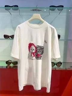 

Heidd Early Spring Cute Dog Print Loose Short Sleeve White T-Shirt Women's Casual Style Cotton round Neck Regular Length