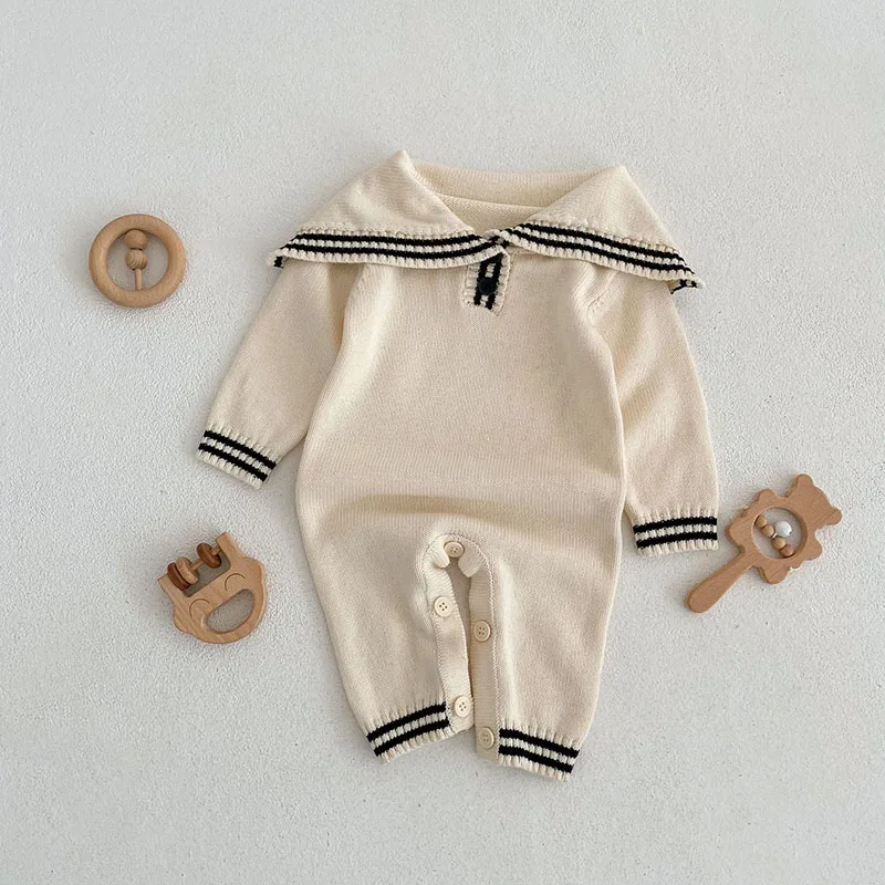 2023 Spring Baby Rompers Sailor Collar Infant Knit Jumpsuits Brief Girls Outfit baby boy party wear ropa orange romper