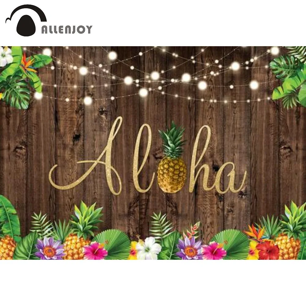 

Allenjoy Aloha Wooden Summer Holiday Party Background Tropical Pineapple Floral Lights Birthday Photography Props Backdrop