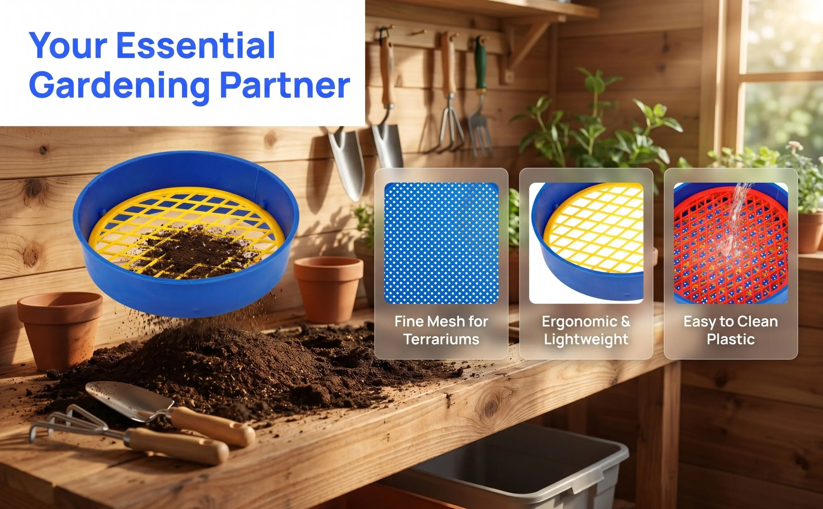 1Set Soil Sifter Plastic Mesh Gardening Tool Manual Soil Sieve Sifting Pan for Garden Filtering Plastic Sifting Pan