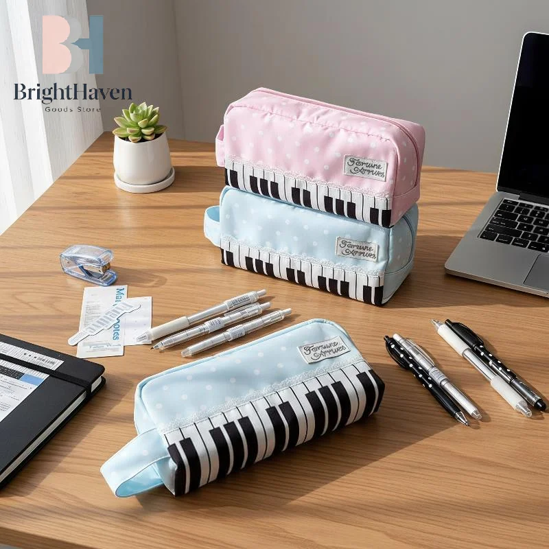 Kawaii Polka Dot Piano Key Print Pencil Case With Handle Large Capacity Pencil Pouch Stationery Bag Gift Ecofriendly Durable B.H