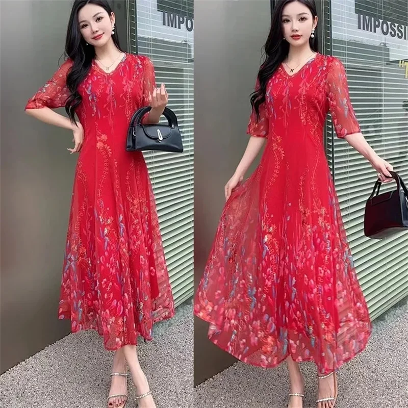 2024New Summer Female Short Sleeve Embroidery Middle Aged Mom Noble Mesh Heavy Lndustry Embroidery Dress Women Temperament Skirt