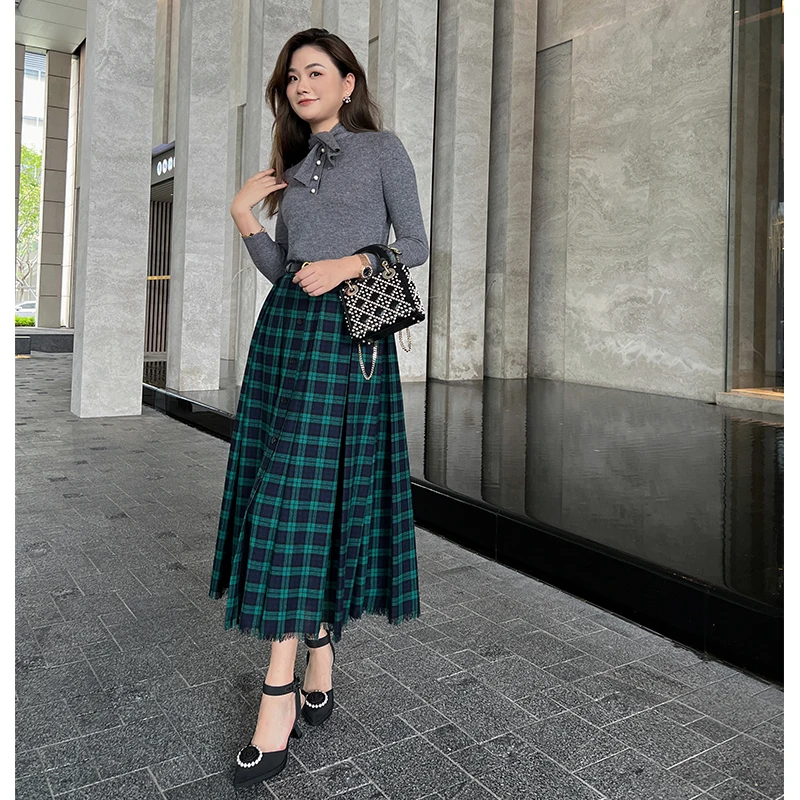 

Ele Casual Woolen Plaid Skirt for Women Slimming Bla een Color Autumn Winter Faion Brand Muiyaoliang