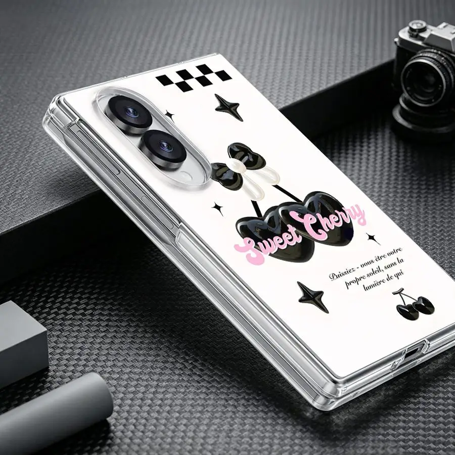Case for Samsung Galaxy Z Fold 8 ZFold 8 PC Hard Luxury ZFold8 Transparent Phone Cover Sweet Cherry Heart Print