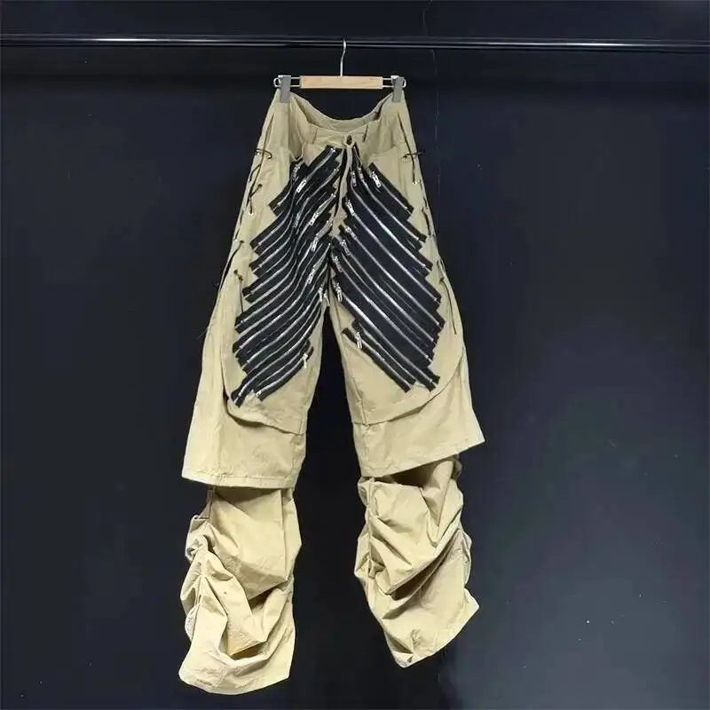 Men Techwear Cargo Pants Multi Zipper Pleated Straight Leg Loose Unisex Streetwear Trendy Breathable Trousers N67T