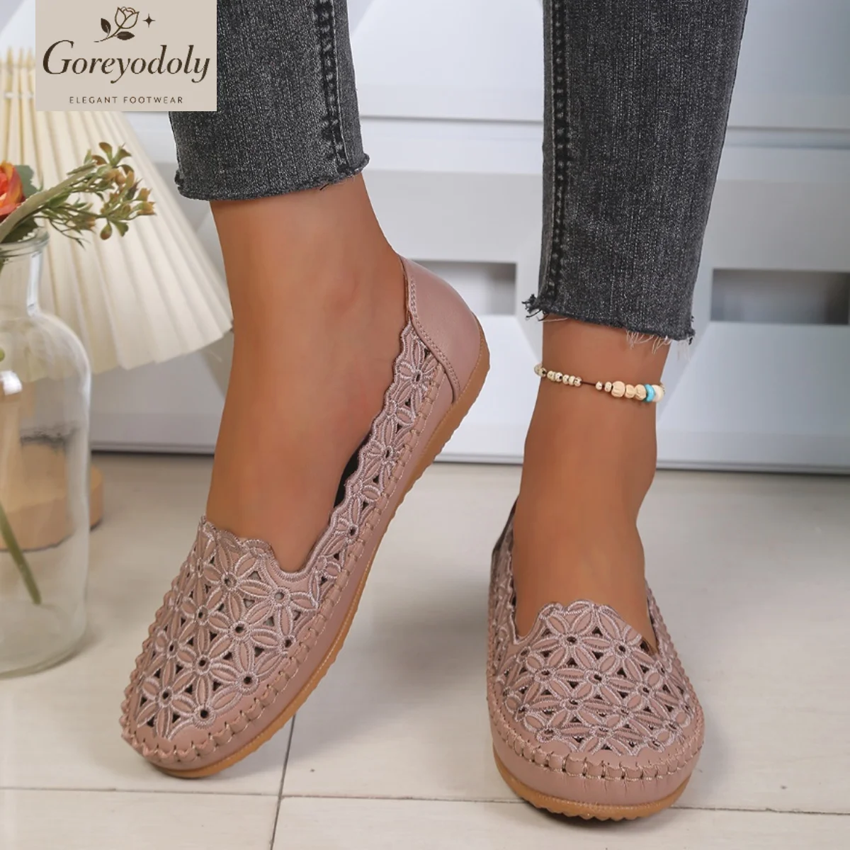 Goreyodoly Womens Wide Fit Casual Slip On Flats Hollow Floral Lace Breathable Lightweight Comfortable Walking Shoes - view 4