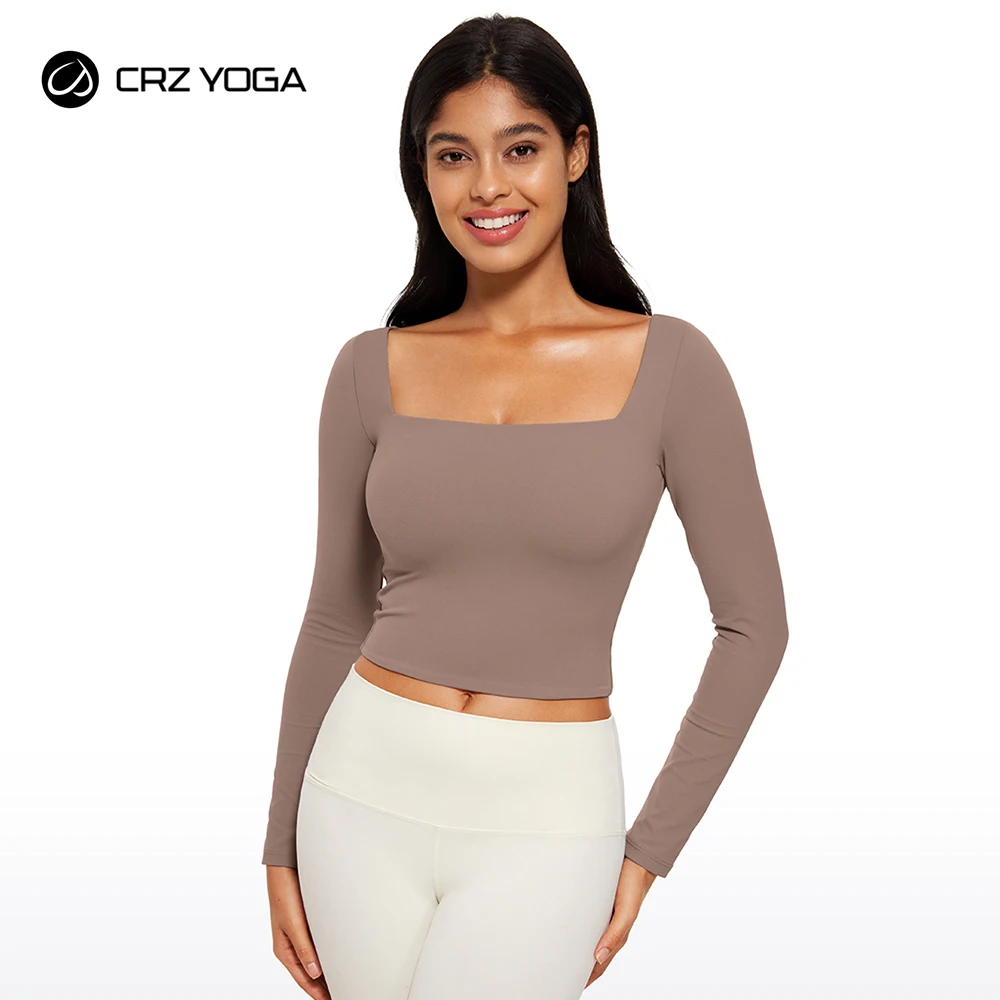 CRZ YOGA Womens Butterluxe Double Lined Long Sleeve Crop Top Square Neck Workout Athletic Casual Cropped Fitted Basic Shirts