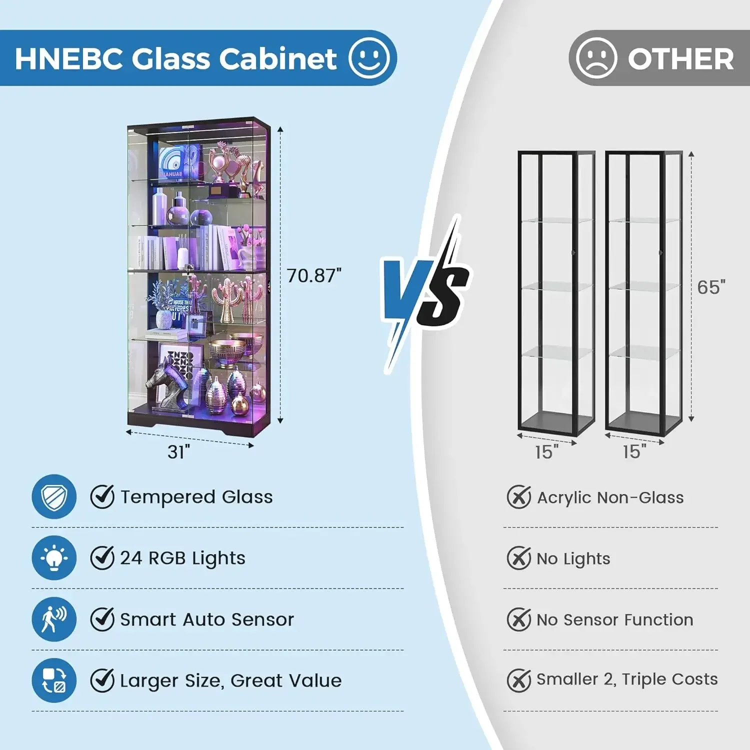 Black 10 Tier 71 Inch Frameless Tall Curio Display Cabinet RGB Lights Human Body Sensor Locking Showcase Collectibles Living Roo