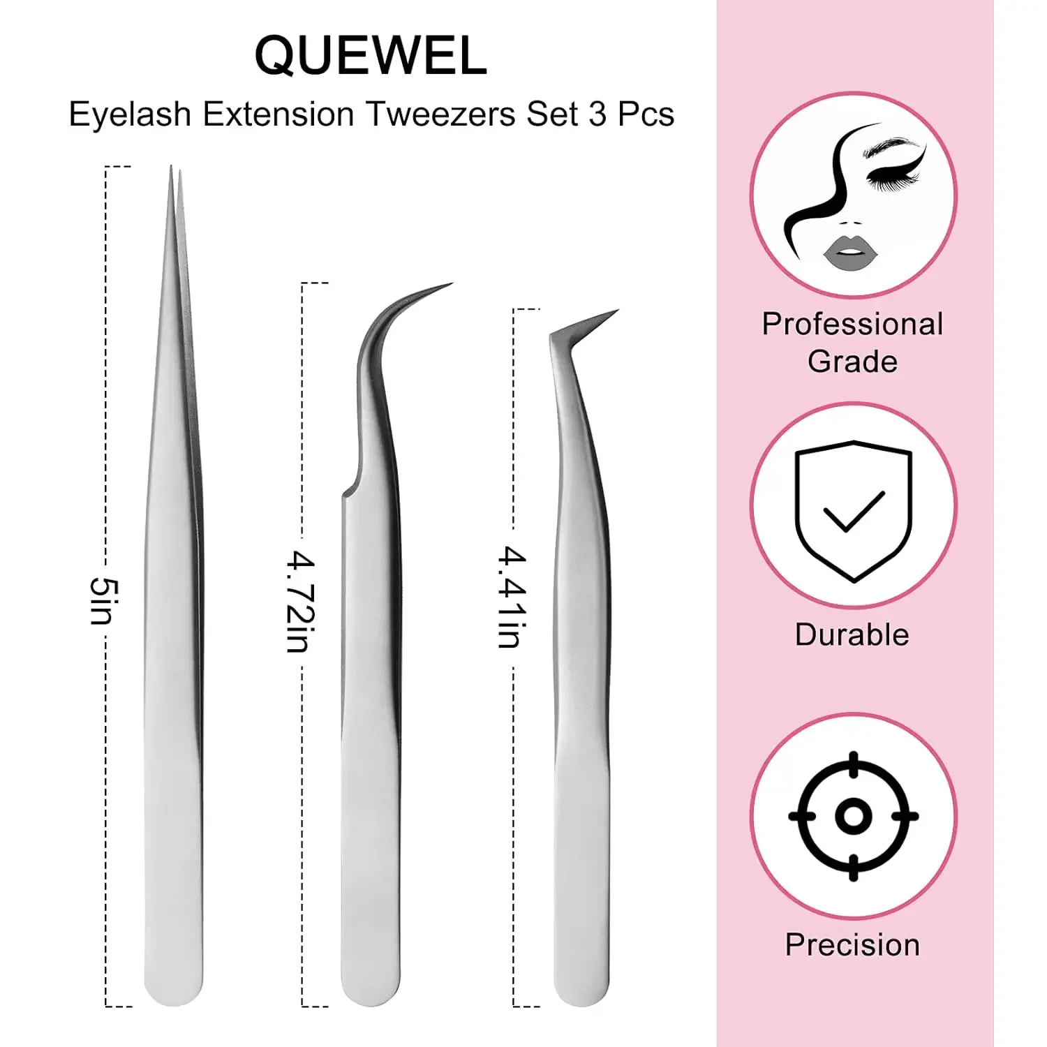 Quewel Eyelash Extensão Pinças Set, Lash Ferramenta Aplicador, Curvo e reto, Apontou Pinças, Suprimentos Lash Extensão, 5pcs