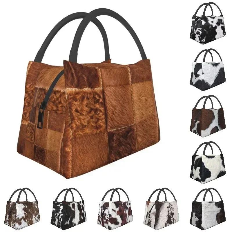 3D Printing Brown Checkered Cowhide Patche Lunch Bag Women Cooler Thermal Insulated  Boxes for Office Travel